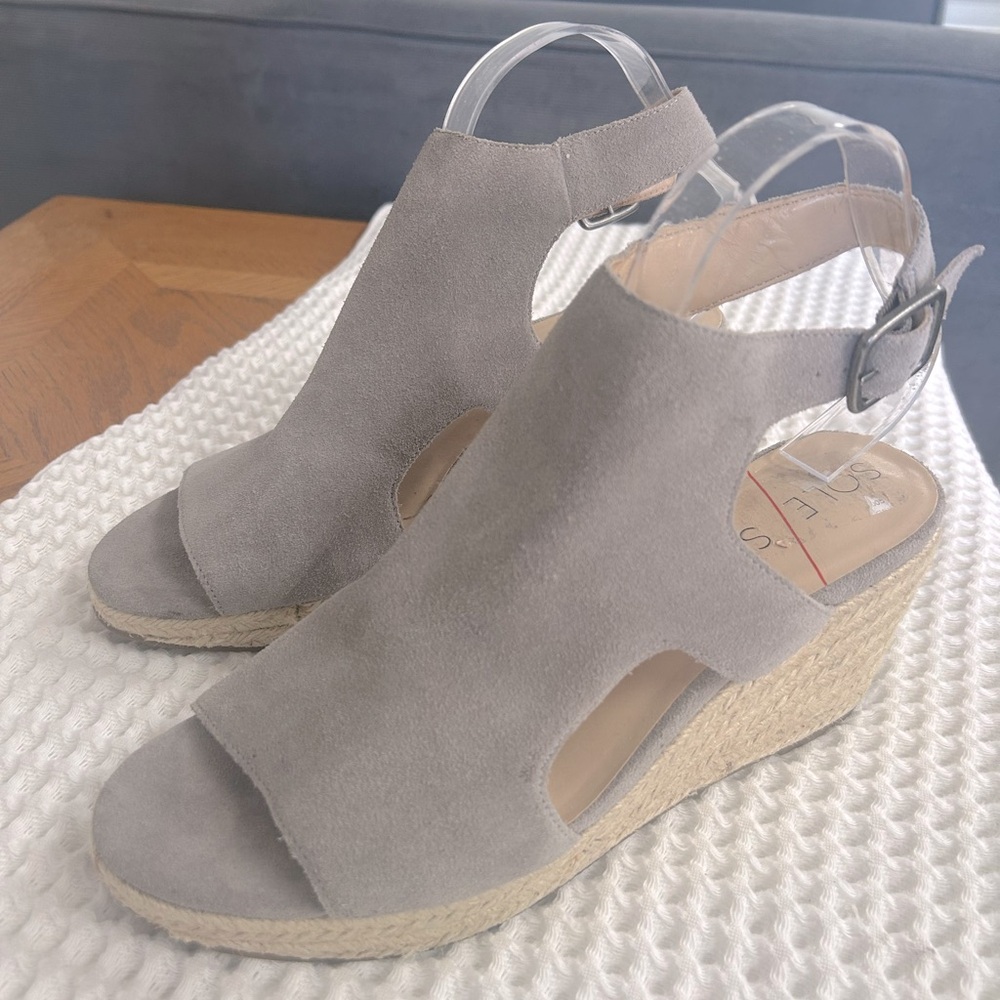 Sole Society Suede Gray Camreigh Espadrille Wedge Peep Toe Sandals. Size 10 - Picture 5 of 11